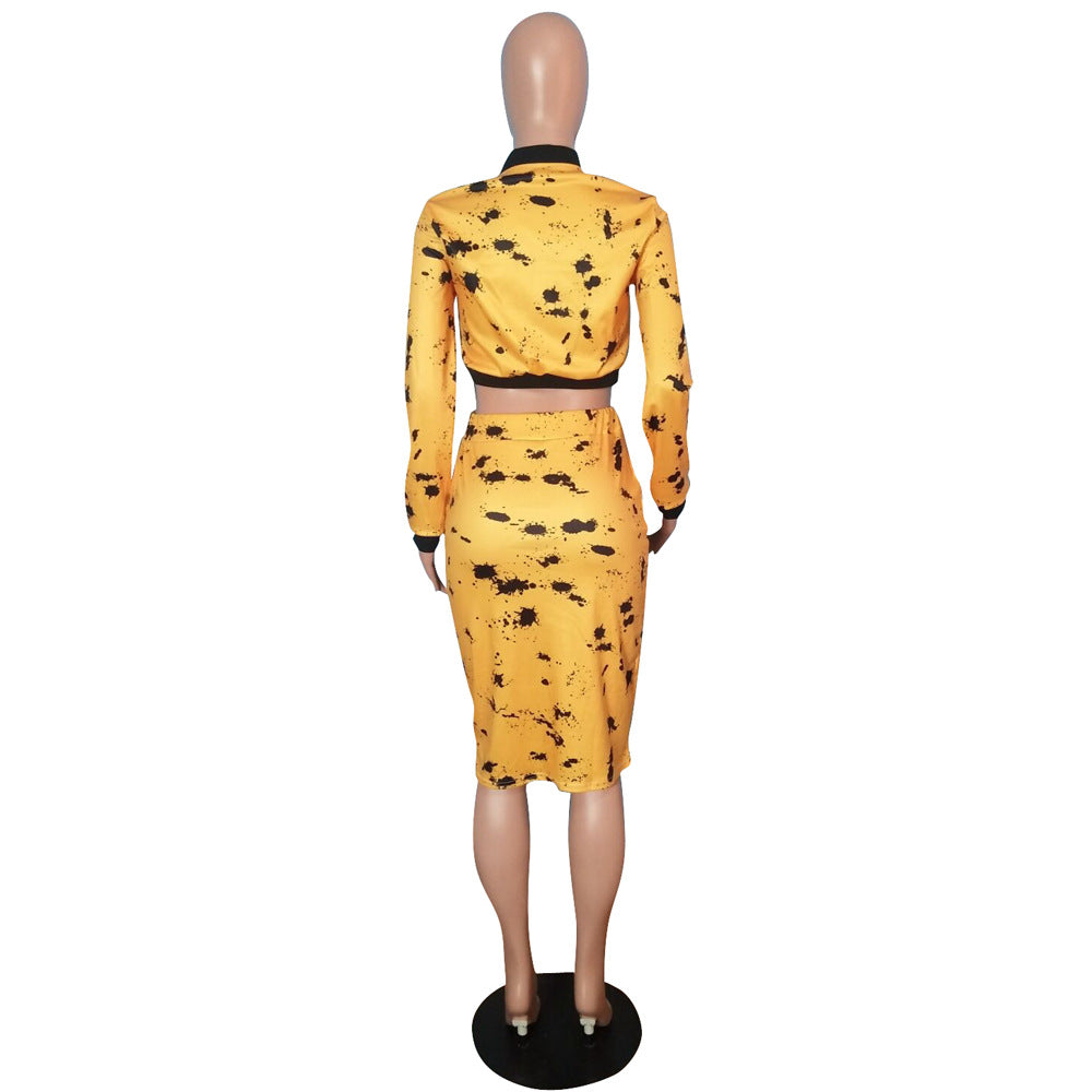 Plus Size Sexy Two Piece Matching Set Autumn Black Yellow Print Clothes Long Sleeve Front Zipper Crop Top+Midi Skirts Set