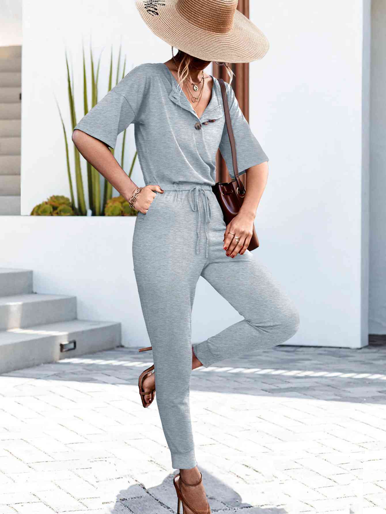 Buttoned Half Sleeve Jumpsuit