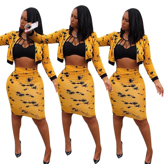 Plus Size Sexy Two Piece Matching Set Autumn Black Yellow Print Clothes Long Sleeve Front Zipper Crop Top+Midi Skirts Set