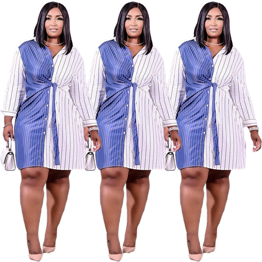 New Plus Size Women's Long Sleeve Striped Patchwork Button Up Knee Length Dress Shirt Dress