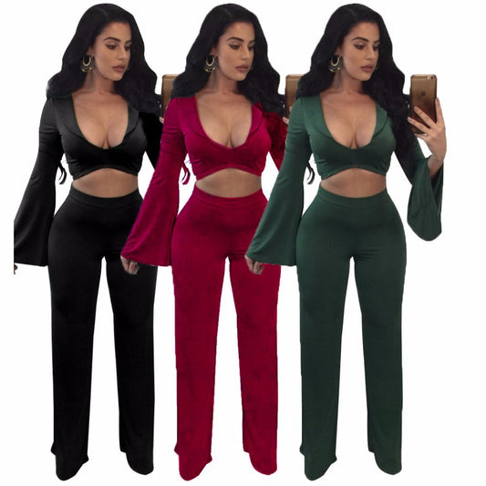 Spring two piece set Women tracksuit Plus size Sexy Solid color Crop Top Tight cropped tops Long Pant