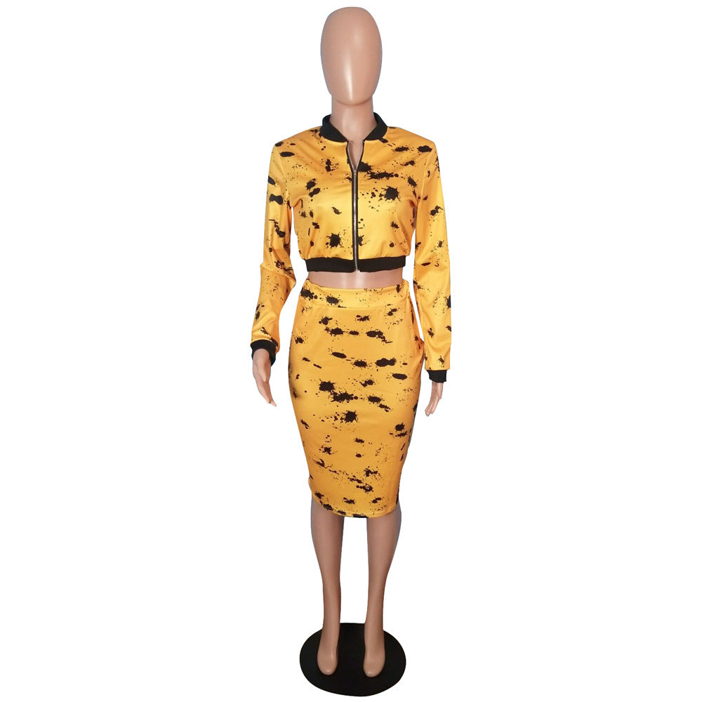 Plus Size Sexy Two Piece Matching Set Autumn Black Yellow Print Clothes Long Sleeve Front Zipper Crop Top+Midi Skirts Set
