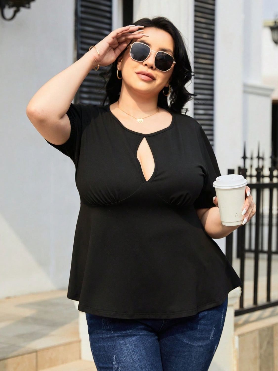 Plus Size Cutout Short Sleeve Blouse