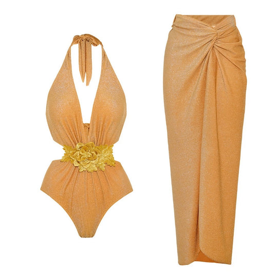 Retro Bikini Printed One Piece Swimsuit And Cover Up With Skirt