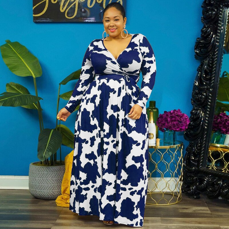 Autumn High Waist Long Dress for Women V-neck Fashion Party Dress Casual Female Family Matching Outfit Plus Size Clothes