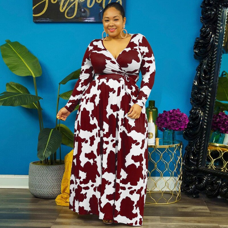 Autumn High Waist Long Dress for Women V-neck Fashion Party Dress Casual Female Family Matching Outfit Plus Size Clothes