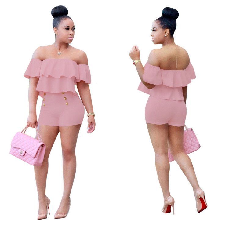 Plus Size Women Playsuits And Jumpsuit 2017 Two Pieces Set Women Ruffles Crop Top And Shorts Bodycon Bodysuit