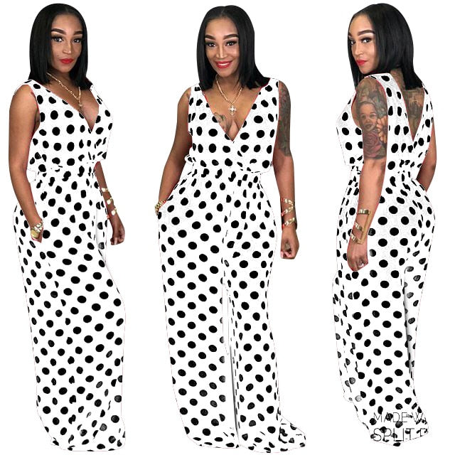 V Neck Loose Plus Size Jumpsuits Romper Casual Sleeveless Overalls for Women Dot Outerwear