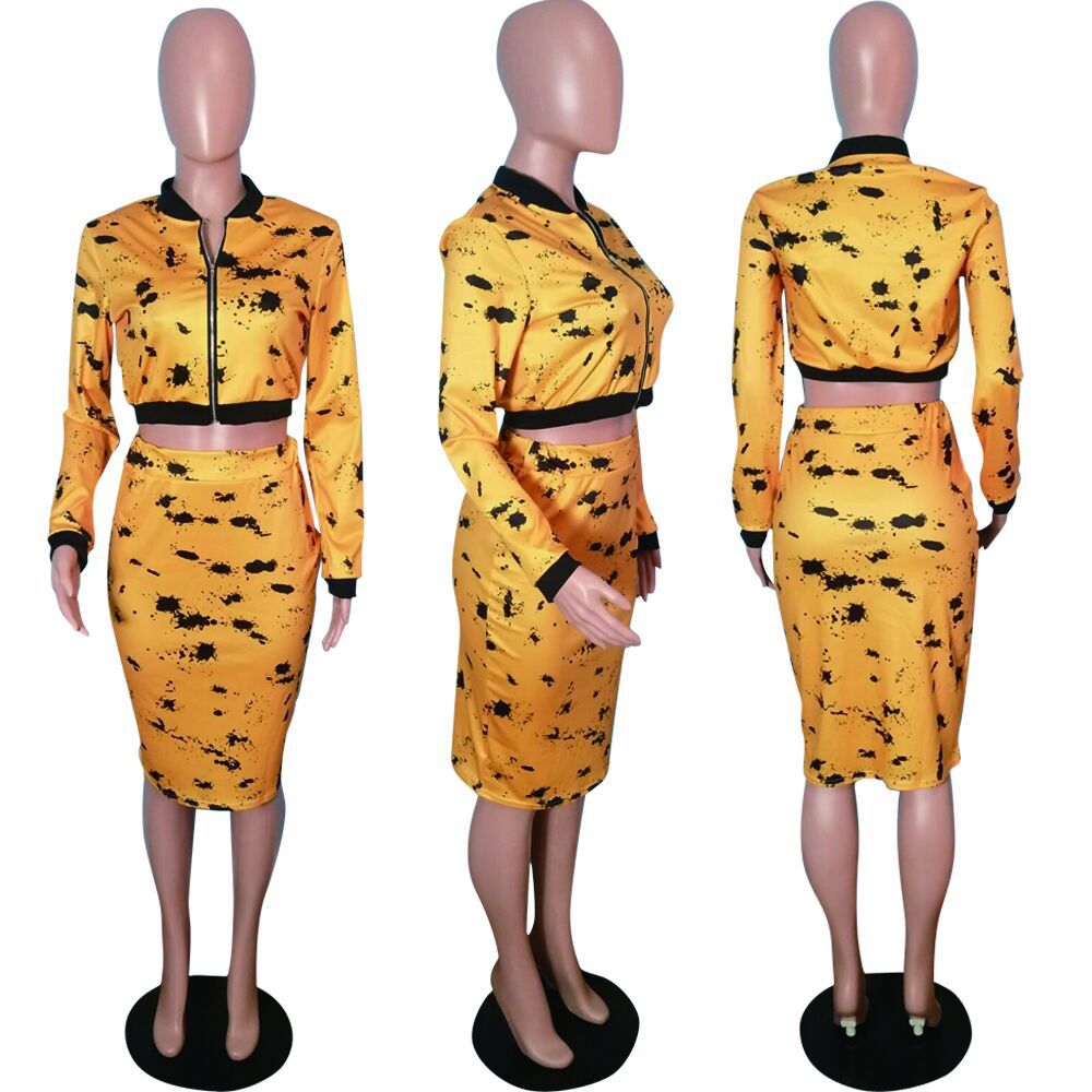 Plus Size Sexy Two Piece Matching Set Autumn Black Yellow Print Clothes Long Sleeve Front Zipper Crop Top+Midi Skirts Set