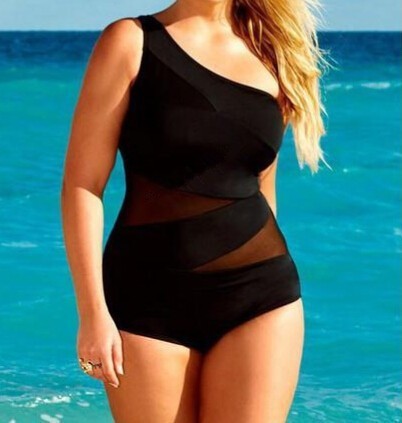 Plus Size Swimwear One Piece Black Mesh Sexy Monokini One Shoulder Bikinis Women Beachwear Fused
