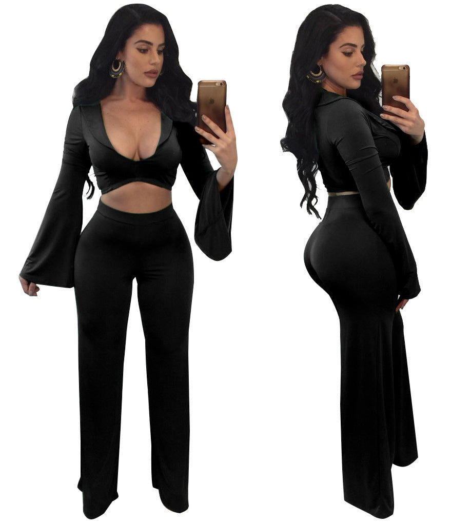 Spring two piece set Women tracksuit Plus size Sexy Solid color Crop Top Tight cropped tops Long Pant