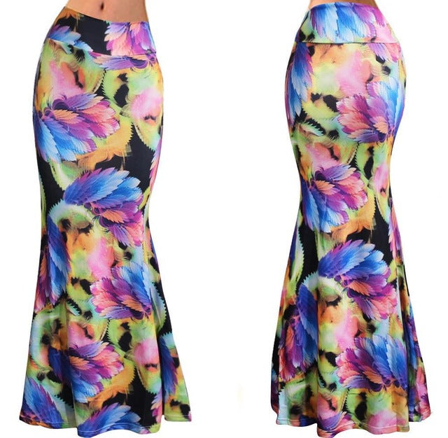 Women Plus Size Floor-length Maxi Skirt Stretch Floral Pencil Tube Bodycon Beach Skirts