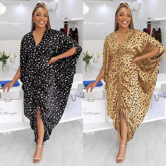 Autumn Irregular Waist Leopard Pattern V-Neck Loose Drawstring Dress African Plus Size Women's Clothing