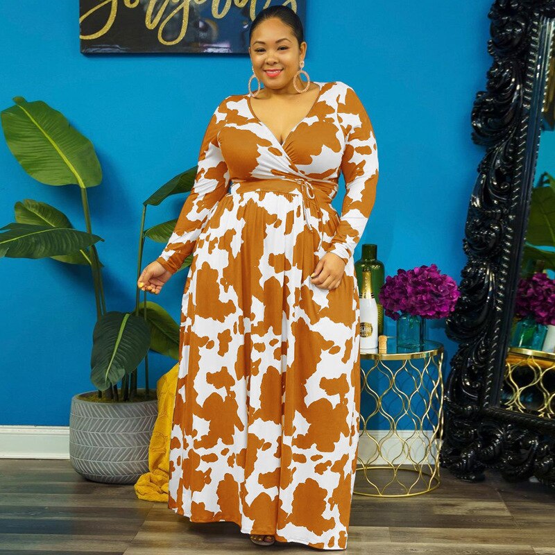 Autumn High Waist Long Dress for Women V-neck Fashion Party Dress Casual Female Family Matching Outfit Plus Size Clothes