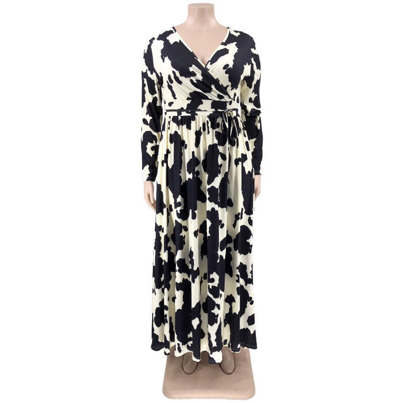 Autumn High Waist Long Dress for Women V-neck Fashion Party Dress Casual Female Family Matching Outfit Plus Size Clothes