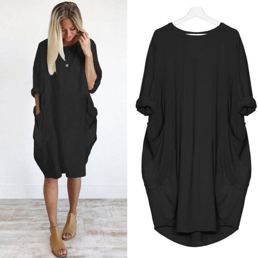 Feitong Plus Size Boho Womens Dress Ladies Casual Pocket Loose Dress Crew Neck Mini Tops Dress