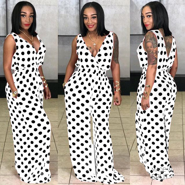 V Neck Loose Plus Size Jumpsuits Romper Casual Sleeveless Overalls for Women Dot Outerwear