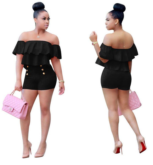 Plus Size Women Playsuits And Jumpsuit 2017 Two Pieces Set Women Ruffles Crop Top And Shorts Bodycon Bodysuit