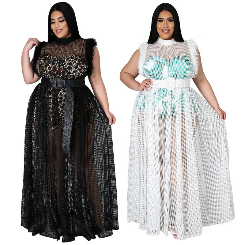 Plus Size Women's Temperament Perspective Sexy Mesh Long Dress Plus Size Dress Two Piece Suit