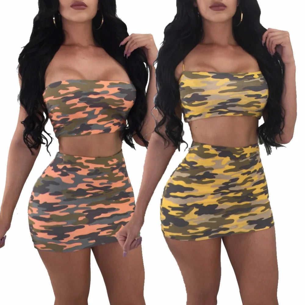 Camouflage two piece set Strapless crop top women clothes Plus size Sexy tops Mini skirt