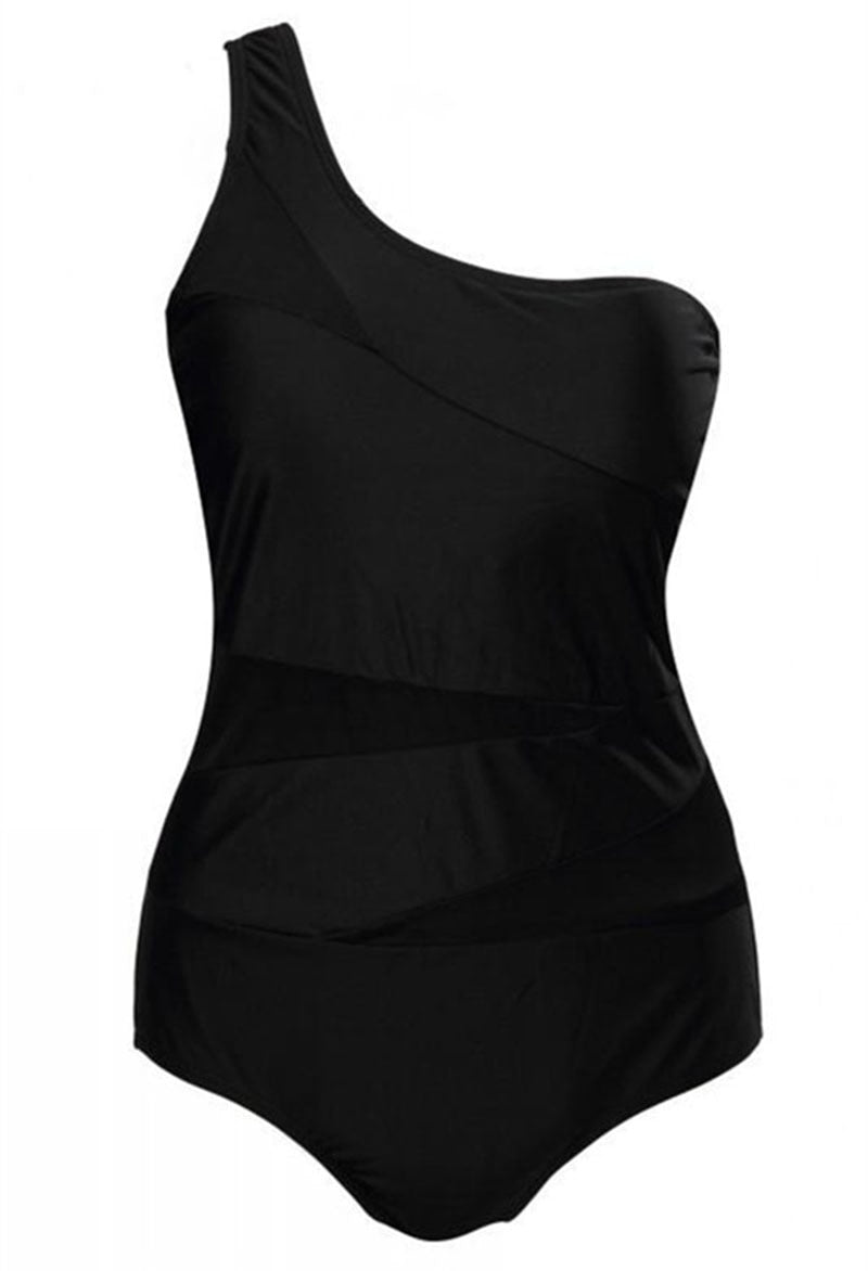 Plus Size Swimwear One Piece Black Mesh Sexy Monokini One Shoulder Bikinis Women Beachwear Fused