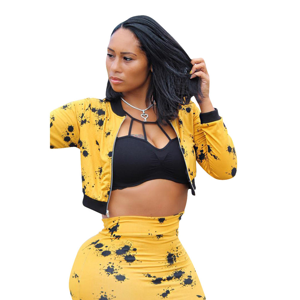 Plus Size Sexy Two Piece Matching Set Autumn Black Yellow Print Clothes Long Sleeve Front Zipper Crop Top+Midi Skirts Set