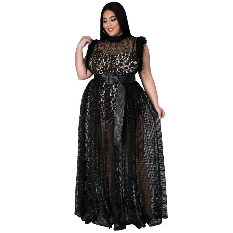 Plus Size Women's Temperament Perspective Sexy Mesh Long Dress Plus Size Dress Two Piece Suit