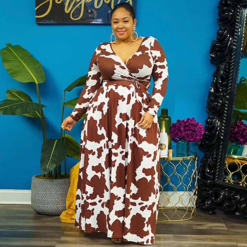 Autumn High Waist Long Dress for Women V-neck Fashion Party Dress Casual Female Family Matching Outfit Plus Size Clothes