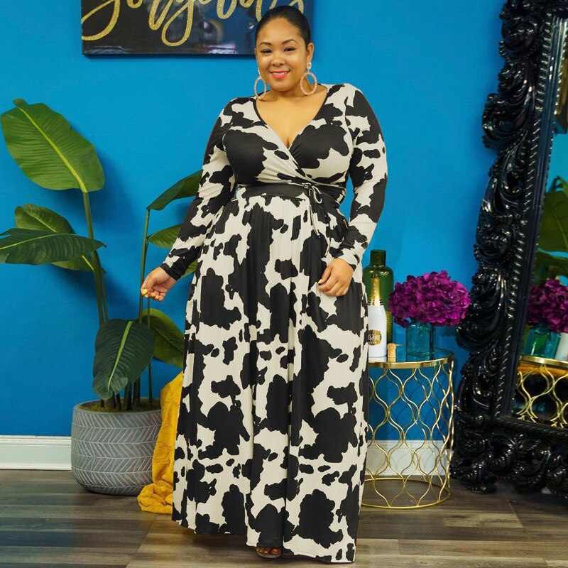 Autumn High Waist Long Dress for Women V-neck Fashion Party Dress Casual Female Family Matching Outfit Plus Size Clothes