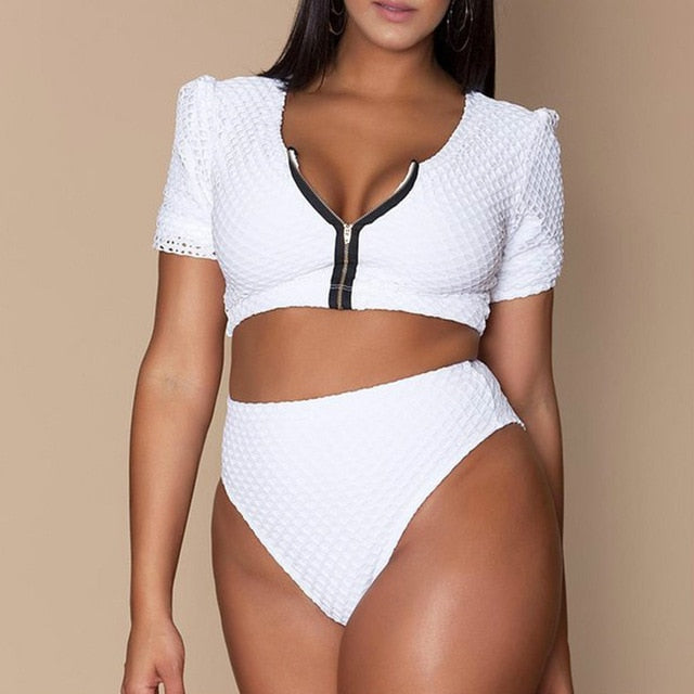 Plus Size Swimsuit Women High Waisted 2 Pcs Swimwear Short Sleeve Sexy Zipper Bikinis Maillot De Bain Femme 4XL