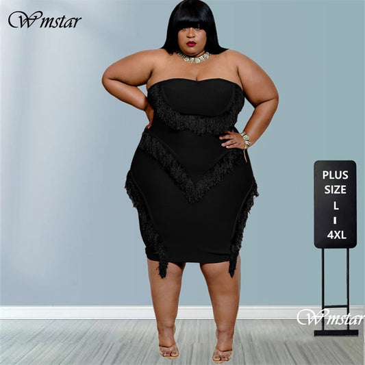 Plus Size Women's Dress Summer Black Tube Top Fringed Strapless Sexy Dress