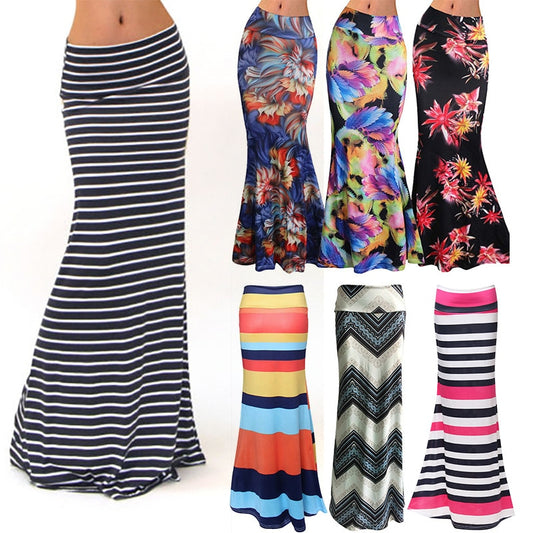 Women Plus Size Floor-length Maxi Skirt Stretch Floral Pencil Tube Bodycon Beach Skirts