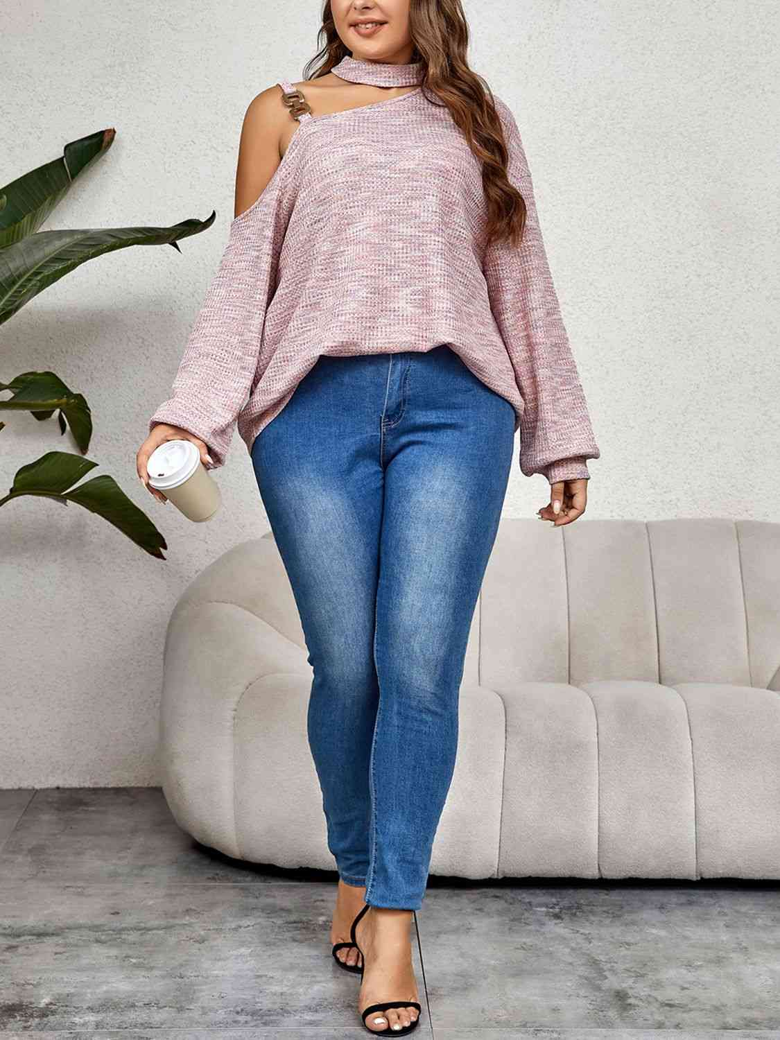 Plus Size Mock Neck Cutout Shoulder Blouse