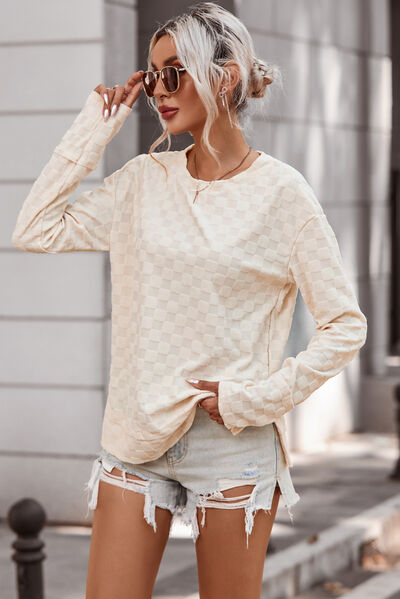 Checkered Round Neck Long Sleeve T-Shirt