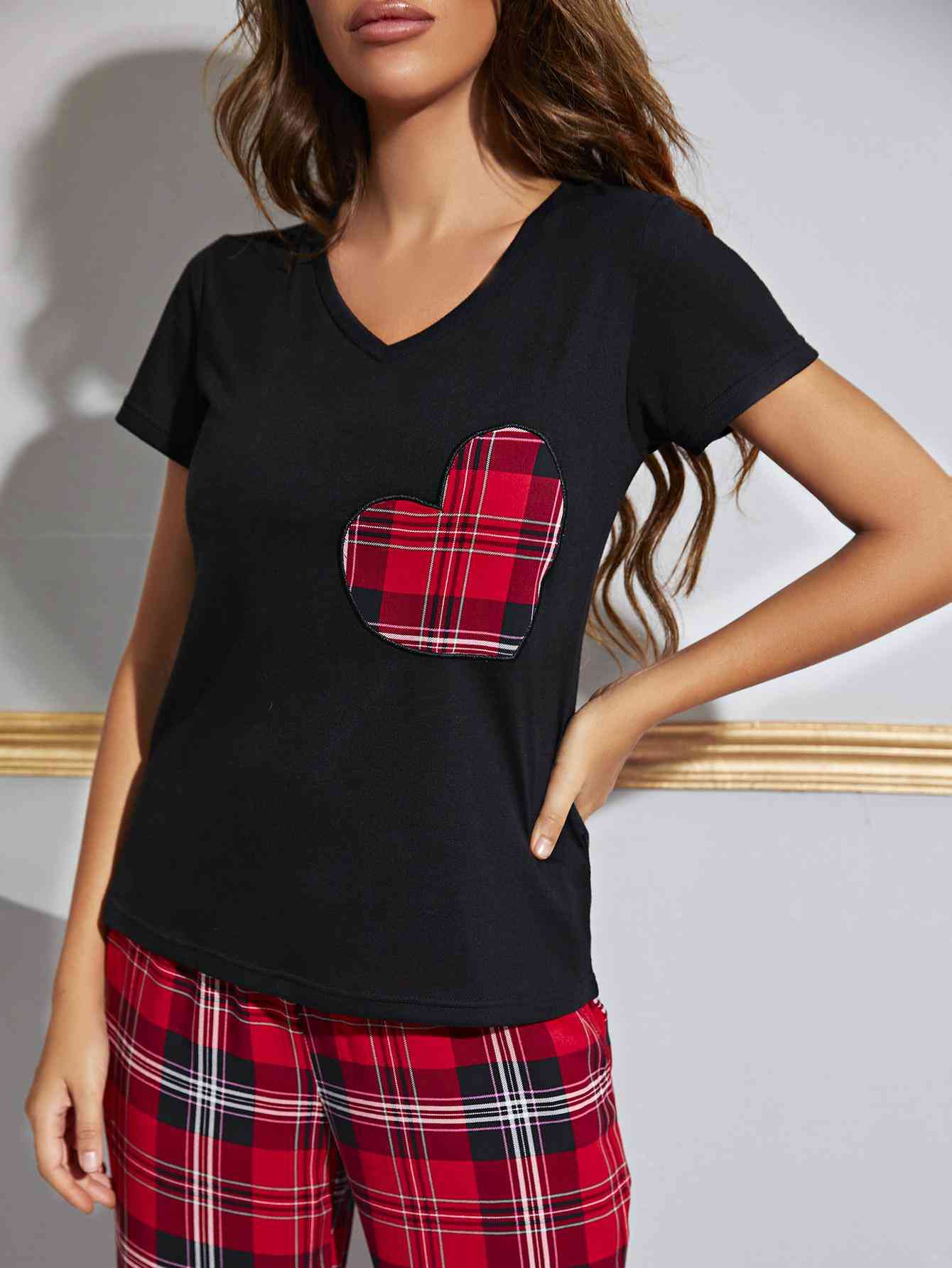 Heart Graphic Top and Plaid Pants Lounge Set