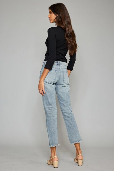 High Waist Button Fly Raw Hem Cropped Straight Jeans