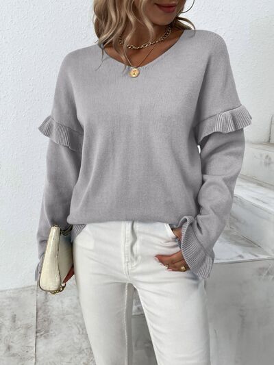 Ruffled V-Neck Dropped Shoulder Sweater