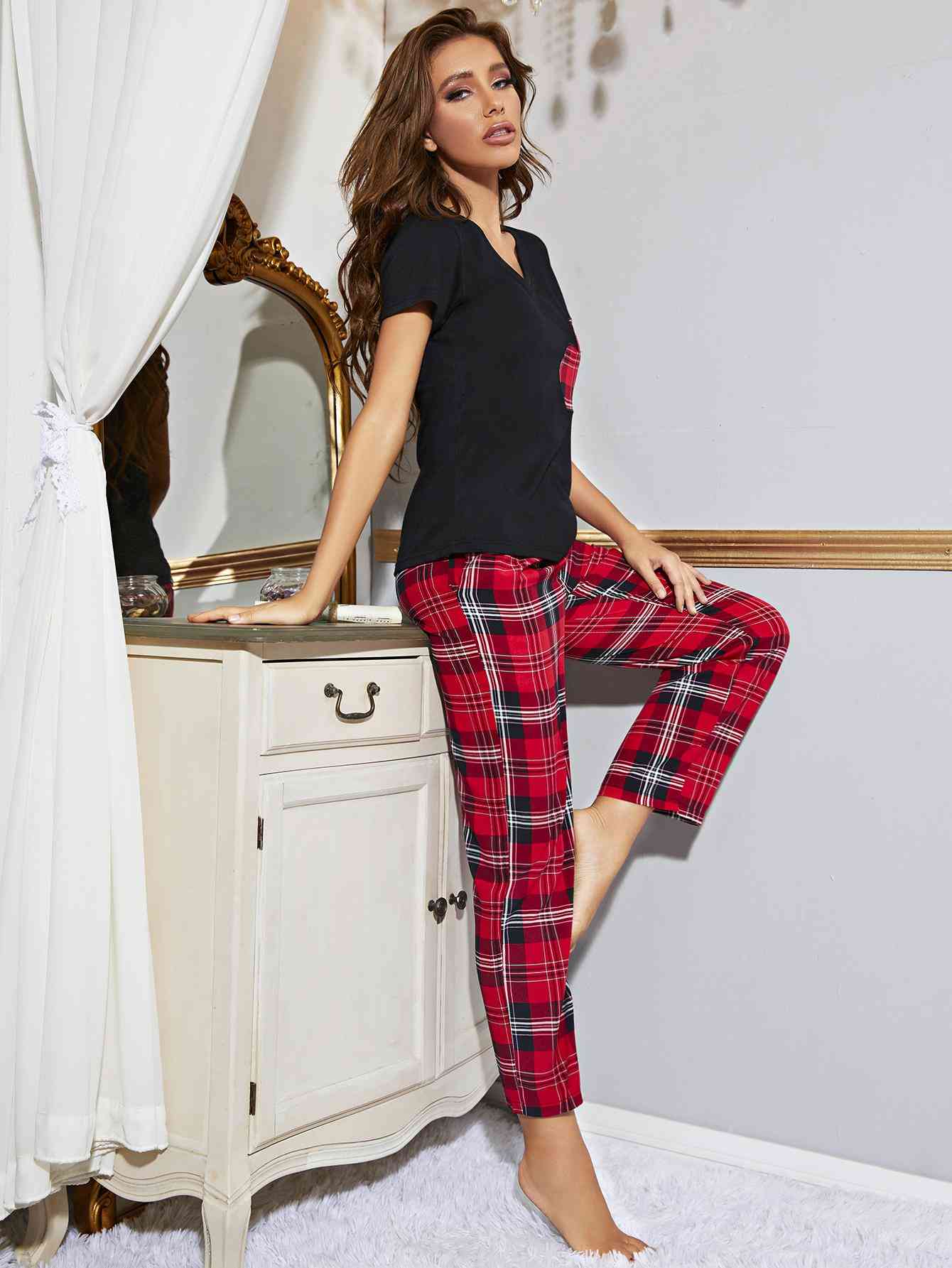 Heart Graphic Top and Plaid Pants Lounge Set