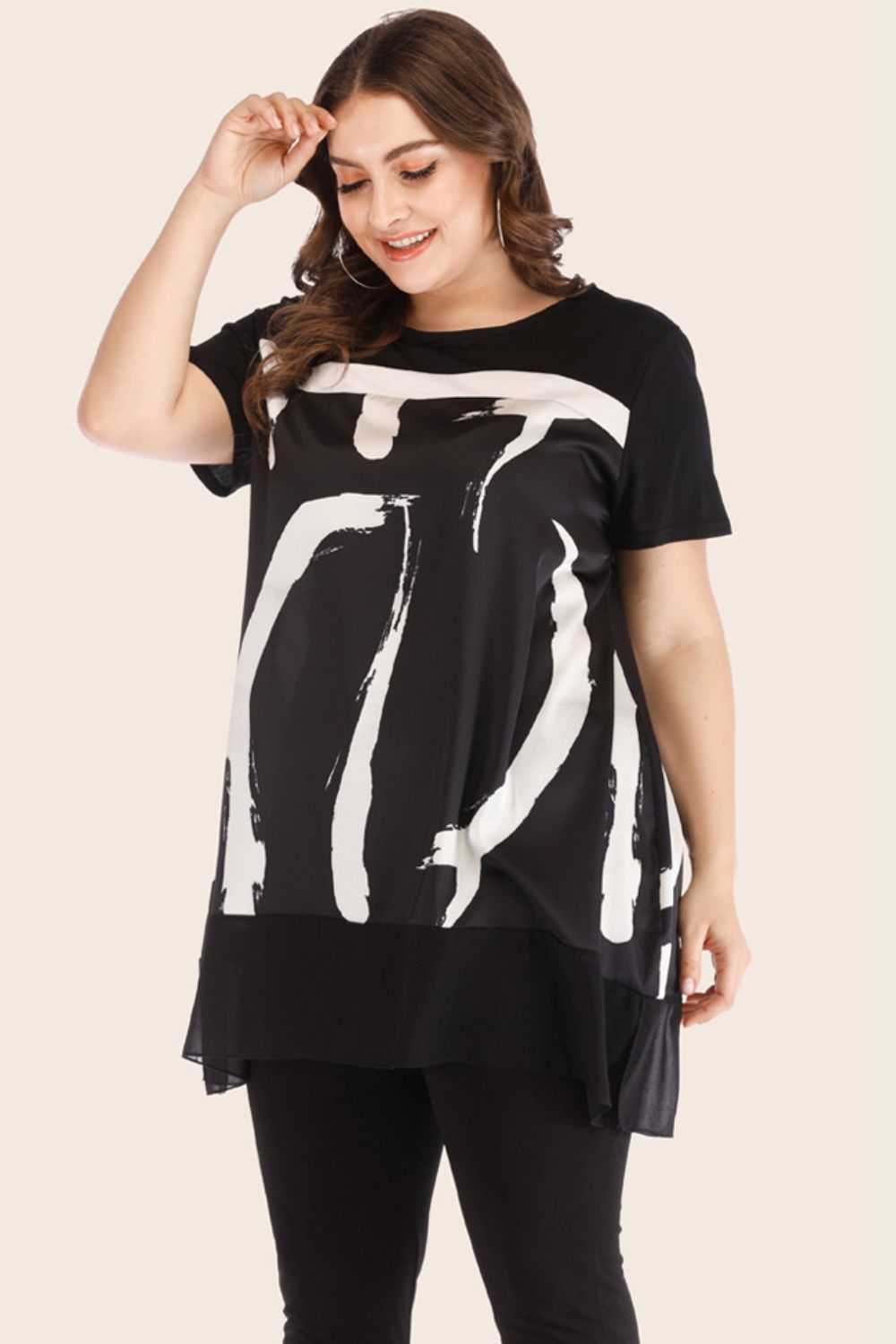 Plus Size Contrast Spliced Mesh T-Shirt and Cropped Leggings Set