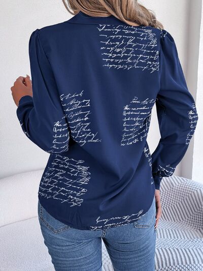 Letter Printed Button Up Long Sleeve Blouse