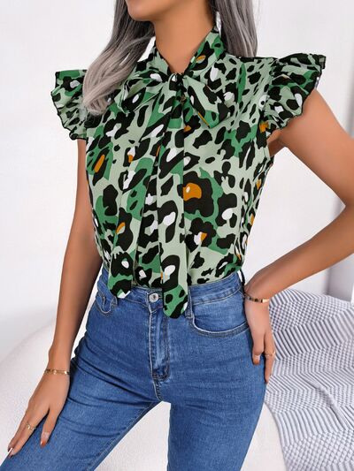 Leopard Tie Neck Cap Sleeve Blouse