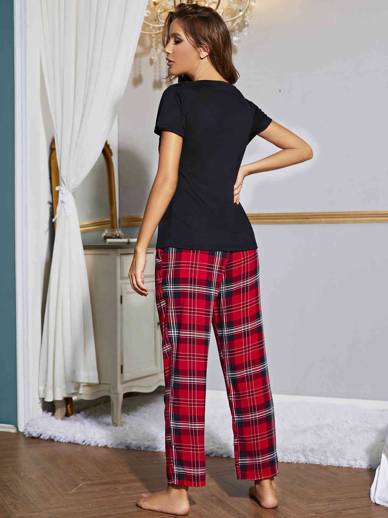 Heart Graphic Top and Plaid Pants Lounge Set