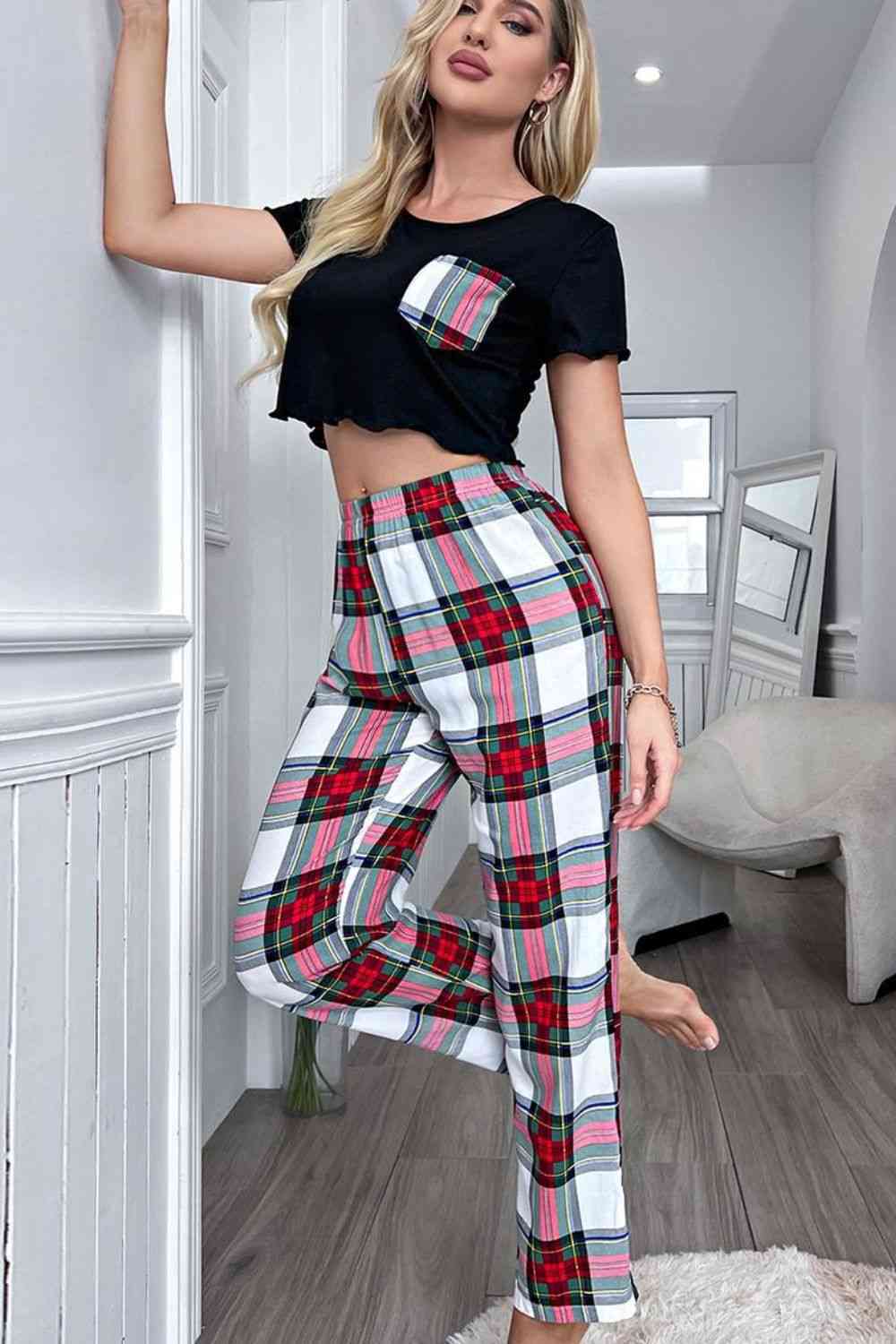 Cropped T-Shirt and Plaid Pants Lounge Set