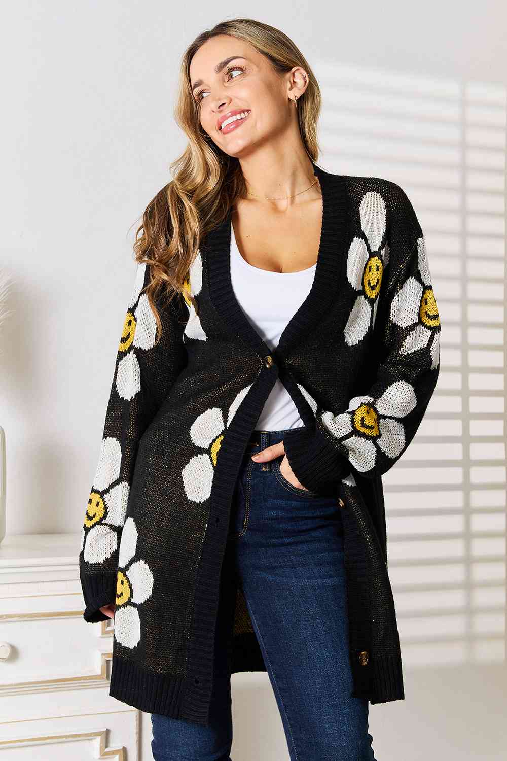 Double Take Floral Button Down Longline Cardigan