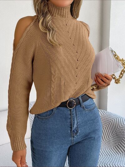 Cable-Knit Turtleneck Cold Shoulder Sweater